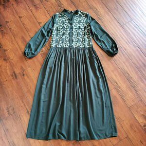 Embroidered Gown Deep Forest Maxi Dress 100% Rayon V Neck Button Front